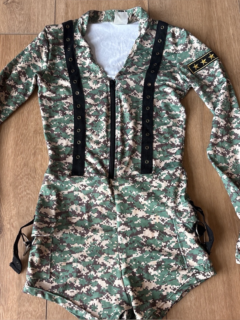 Women’s Digital Camo Long Sleeve Romper with Black Strap Detail